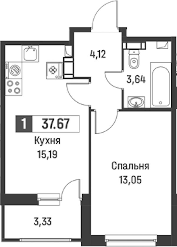 1-комнатная квартира 37.67 м², 3/18 эт., ЖК «Графика»
