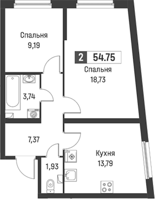 2-комнатная квартира 54.75 м², 2/18 эт., ЖК «Графика»
