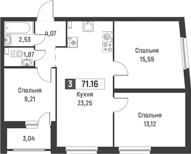 3-комнатная квартира 71.16 м², 2/18 эт., ЖК «Графика»