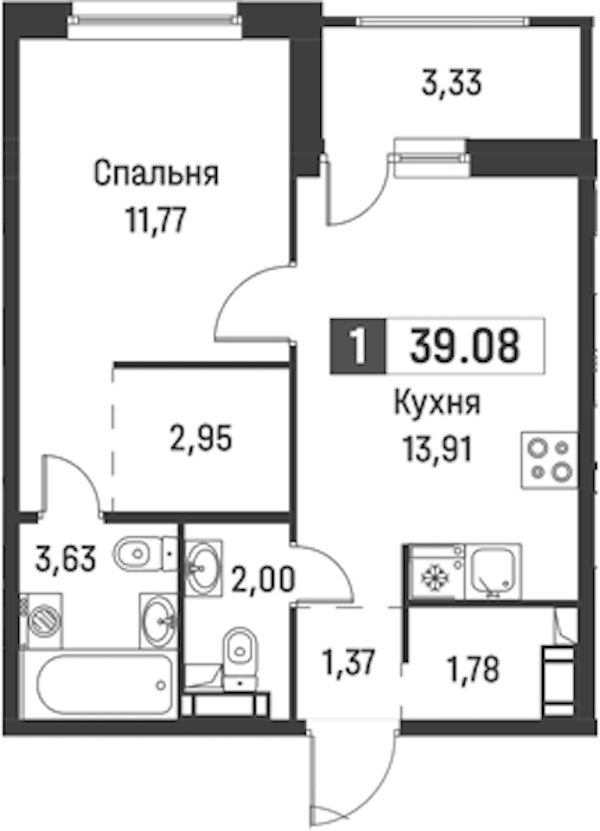 1-комнатная квартира 39.08 м², 4/18 эт., ЖК «Графика»