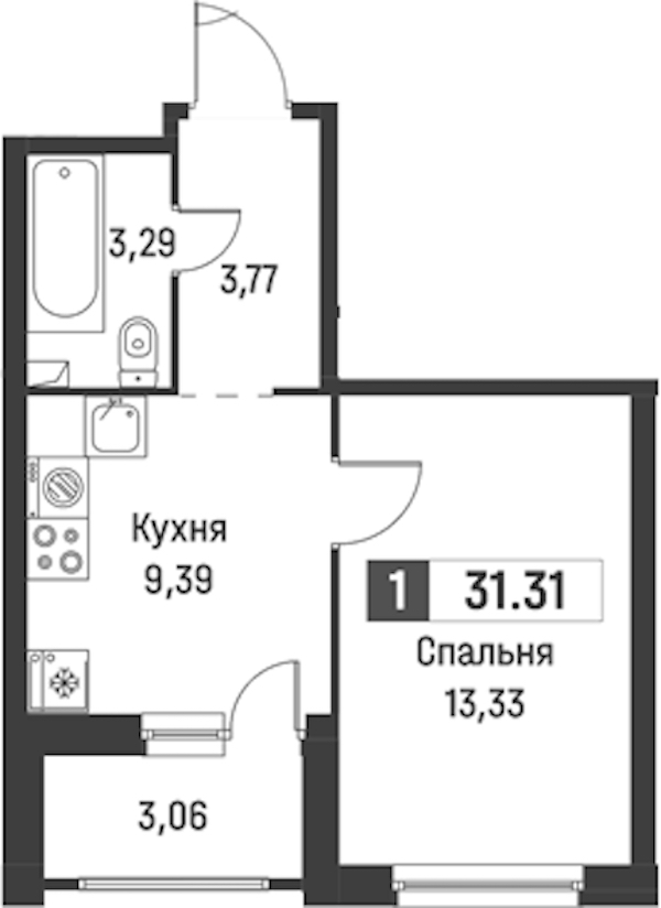 1-комнатная квартира 31.31 м², 2/18 эт., ЖК «Графика»