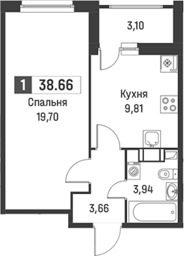 1-комнатная квартира 38.66 м², 7/18 эт., ЖК «Графика»
