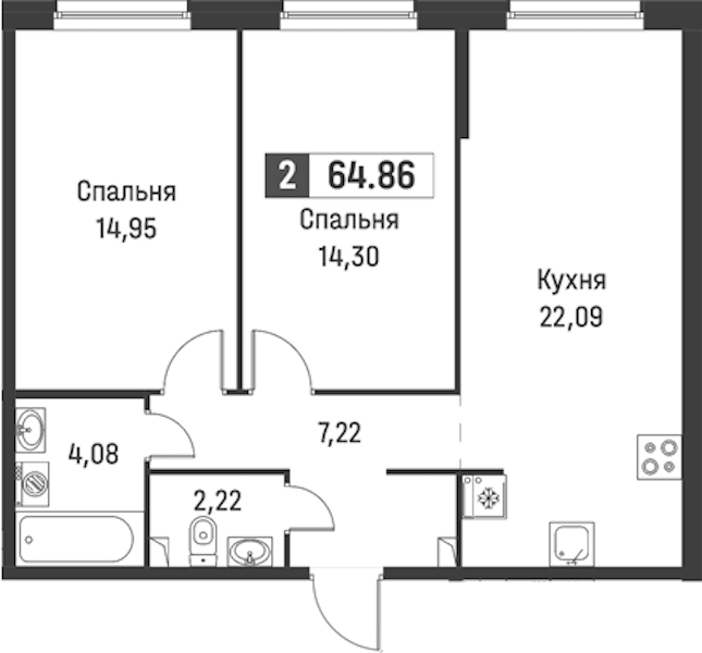 2-комнатная квартира 64.86 м², 1/18 эт., ЖК «Графика»