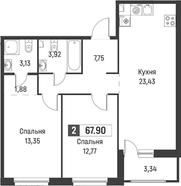 2-комнатная квартира 67.9 м², 1/18 эт., ЖК «Графика»