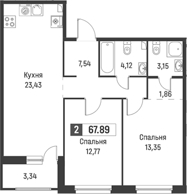 2-комнатная квартира 67.89 м², 1/18 эт., ЖК «Графика»