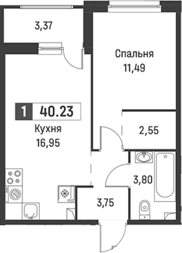 1-комнатная квартира 40.23 м², 1/18 эт., ЖК «Графика»