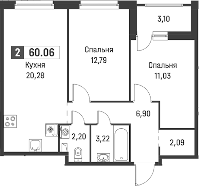 2-комнатная квартира 60.06 м², 1/18 эт., ЖК «Графика»