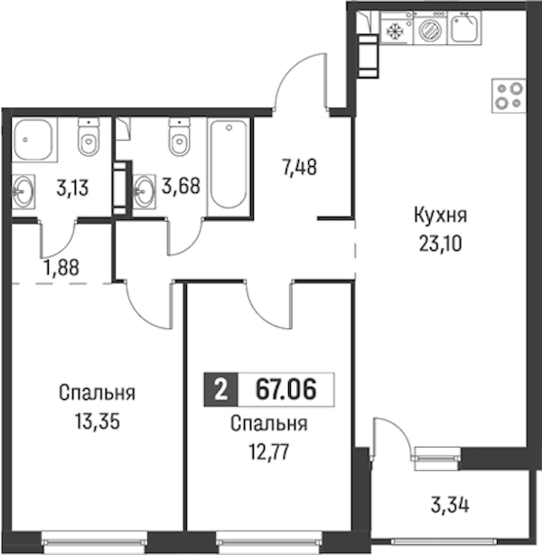 2-комнатная квартира 67.06 м², 2/18 эт., ЖК «Графика»