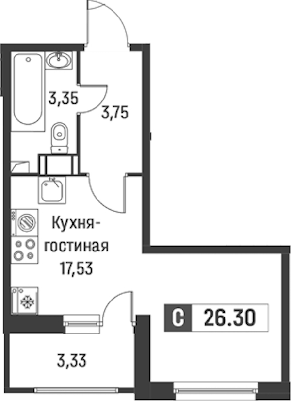 Квартира студия 26.3 м², 2/18 эт., ЖК «Графика»