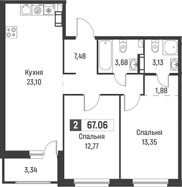 2-комнатная квартира 67.06 м², 2/18 эт., ЖК «Графика»