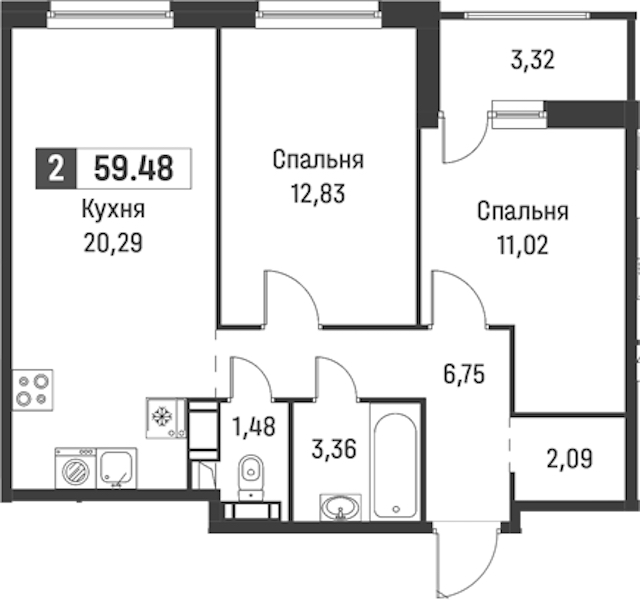 2-комнатная квартира 59.48 м², 2/18 эт., ЖК «Графика»