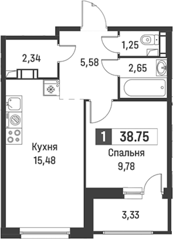 1-комнатная квартира 38.75 м², 3/18 эт., ЖК «Графика»