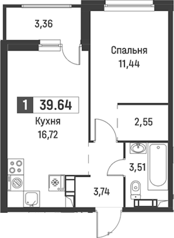 1-комнатная квартира 39.64 м², 5/18 эт., ЖК «Графика»