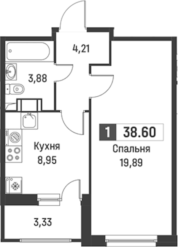 1-комнатная квартира 38.6 м², 8/18 эт., ЖК «Графика»