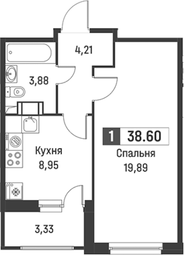 1-комнатная квартира 38.6 м², 9/18 эт., ЖК «Графика»