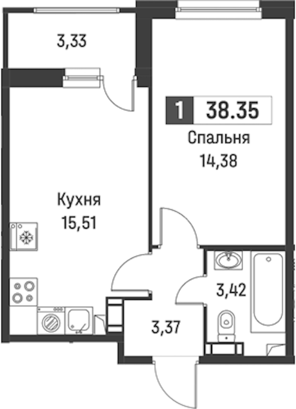 1-комнатная квартира 38.35 м², 10/18 эт., ЖК «Графика»