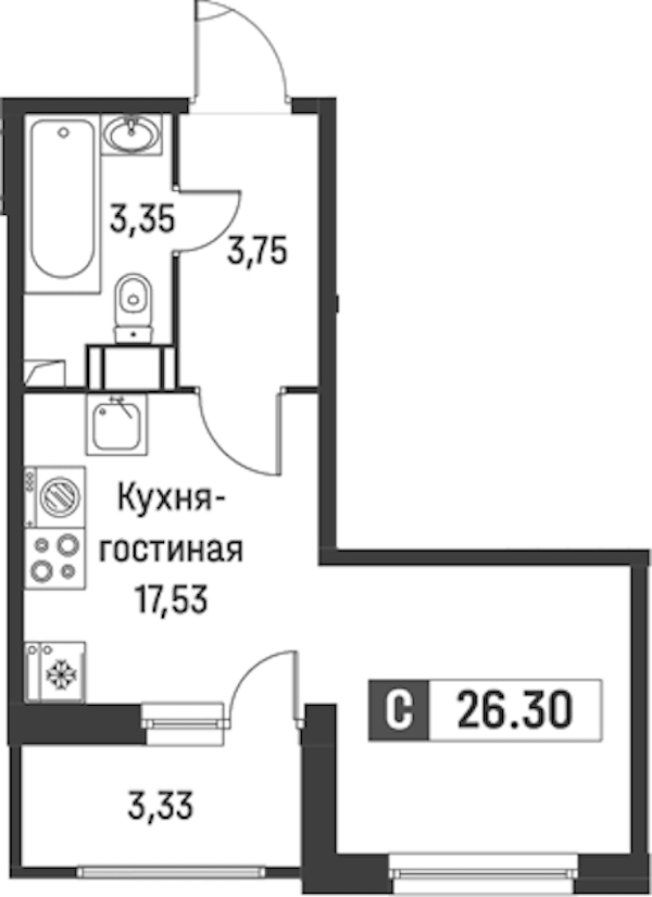 Квартира студия 26.3 м², 13/18 эт., ЖК «Графика»