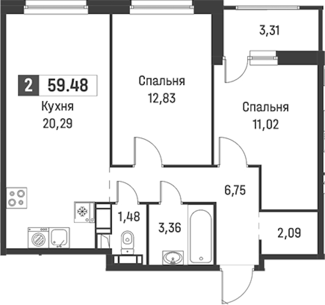 2-комнатная квартира 59.48 м², 13/18 эт., ЖК «Графика»