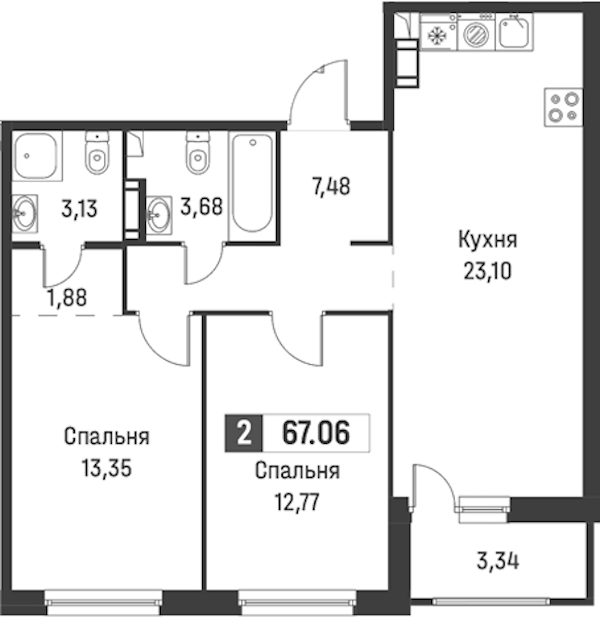 2-комнатная квартира 67.06 м², 14/18 эт., ЖК «Графика»