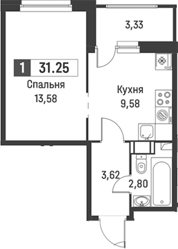 1-комнатная квартира 31.25 м², 15/18 эт., ЖК «Графика»