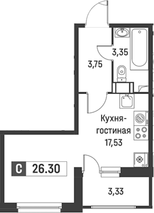Квартира студия 26.3 м², 15/18 эт., ЖК «Графика»
