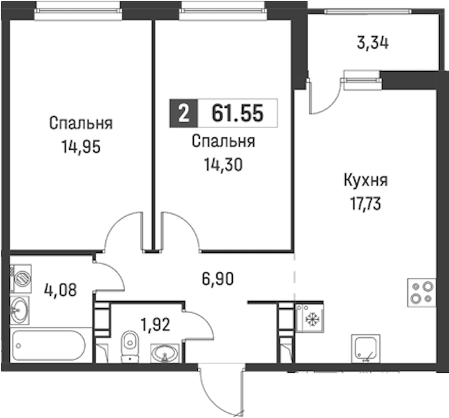 2-комнатная квартира 61.55 м², 17/18 эт., ЖК «Графика»