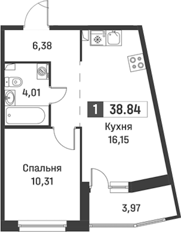 1-комнатная квартира 38.84 м², 1/12 эт., ЖК «Графика»