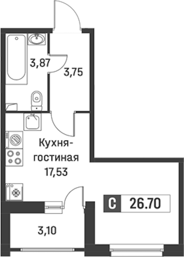 Квартира студия 26.7 м², 1/12 эт., ЖК «Графика»