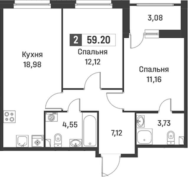 2-комнатная квартира 59.2 м², 1/12 эт., ЖК «Графика»