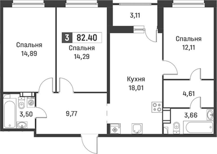 3-комнатная квартира 82.4 м², 2/12 эт., ЖК «Графика»