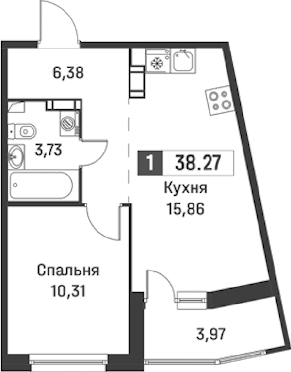 1-комнатная квартира 38.27 м², 2/12 эт., ЖК «Графика»