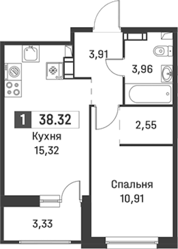 1-комнатная квартира 38.32 м², 2/12 эт., ЖК «Графика»