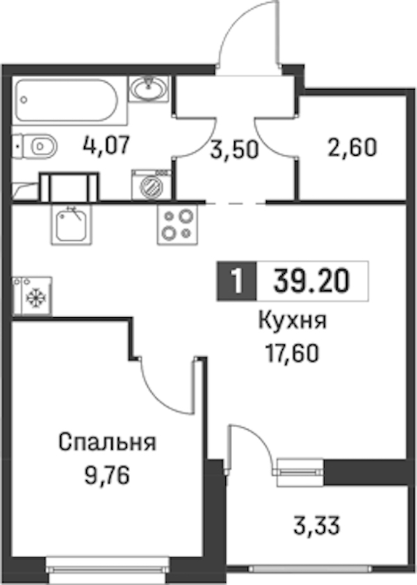 1-комнатная квартира 39.2 м², 2/12 эт., ЖК «Графика»