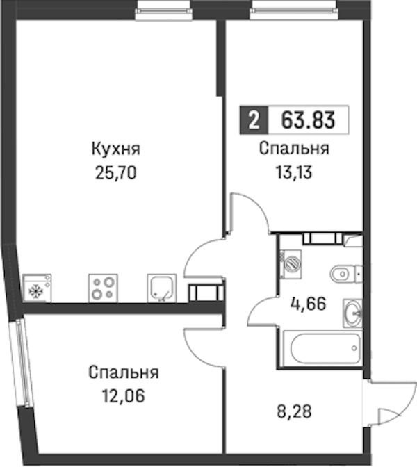 2-комнатная квартира 63.83 м², 2/12 эт., ЖК «Графика»