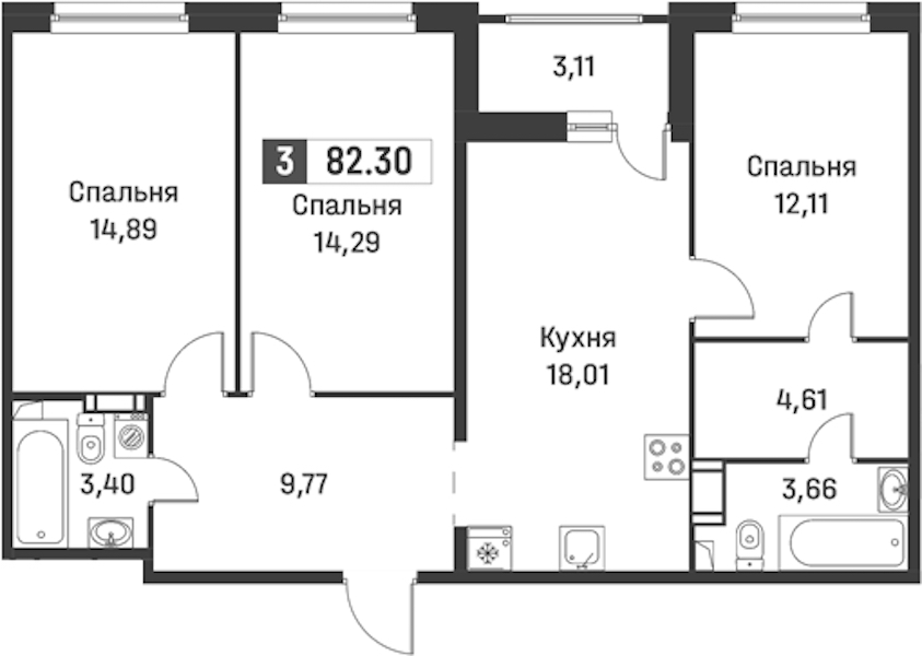 3-комнатная квартира 82.3 м², 3/12 эт., ЖК «Графика»