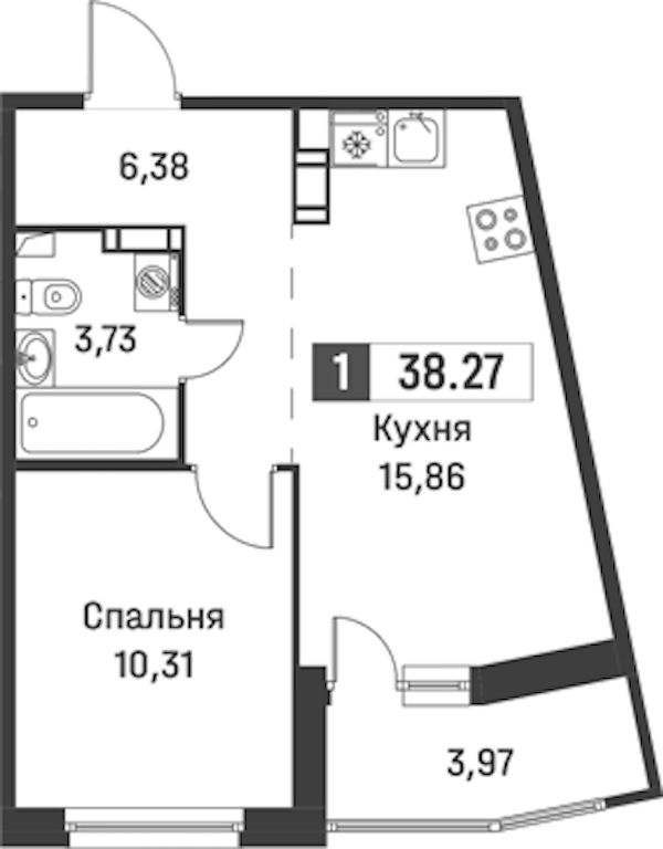 1-комнатная квартира 38.27 м², 3/12 эт., ЖК «Графика»