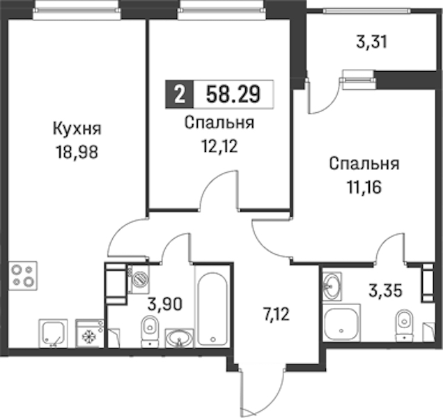 2-комнатная квартира 58.29 м², 3/12 эт., ЖК «Графика»