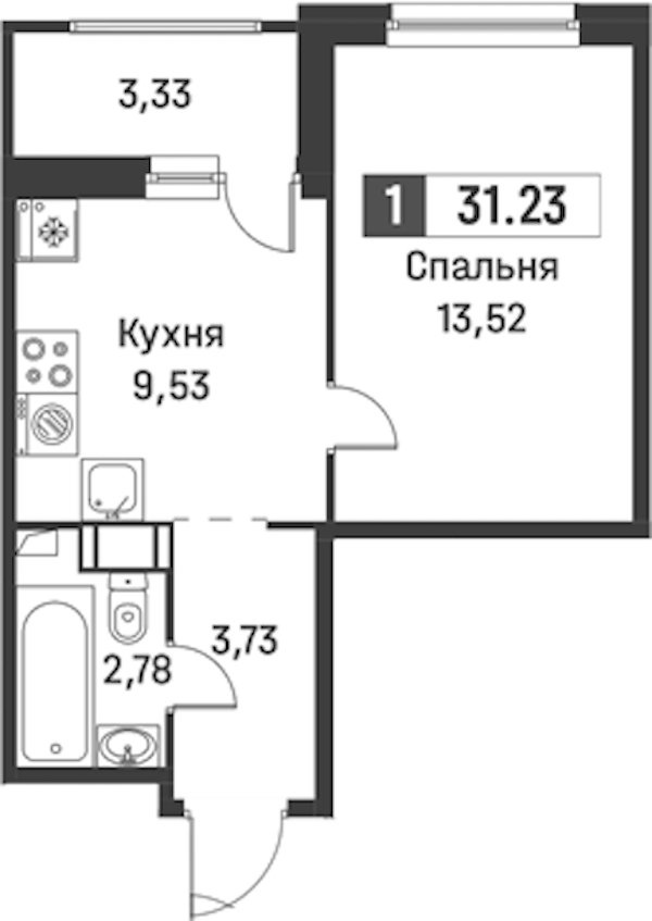 1-комнатная квартира 31.23 м², 3/12 эт., ЖК «Графика»
