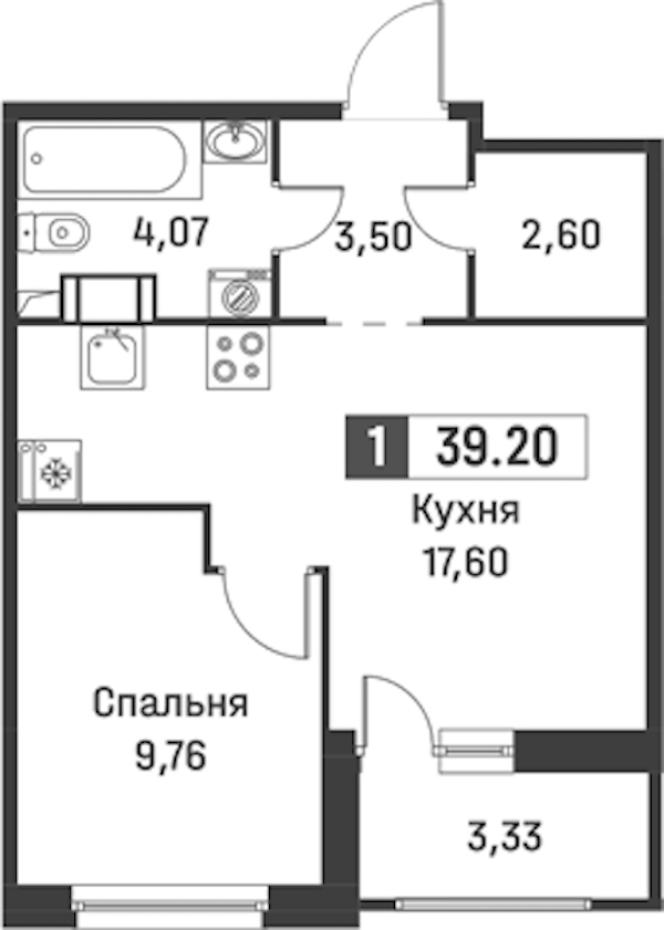 1-комнатная квартира 39.2 м², 4/12 эт., ЖК «Графика»