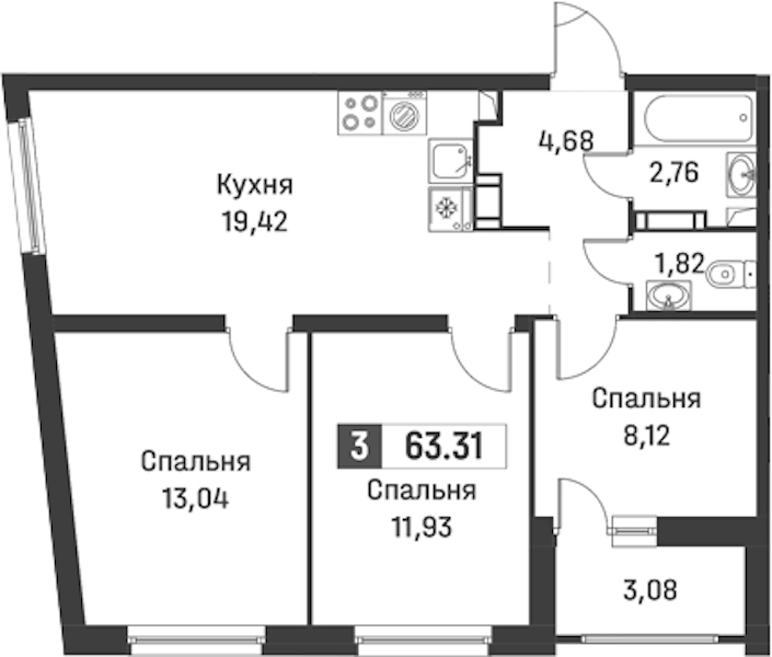 3-комнатная квартира 63.31 м², 4/12 эт., ЖК «Графика»