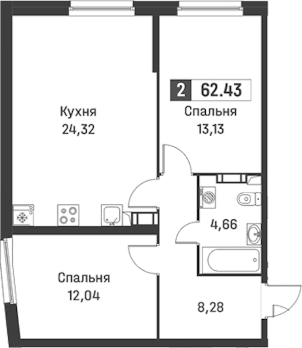 2-комнатная квартира 62.43 м², 4/12 эт., ЖК «Графика»