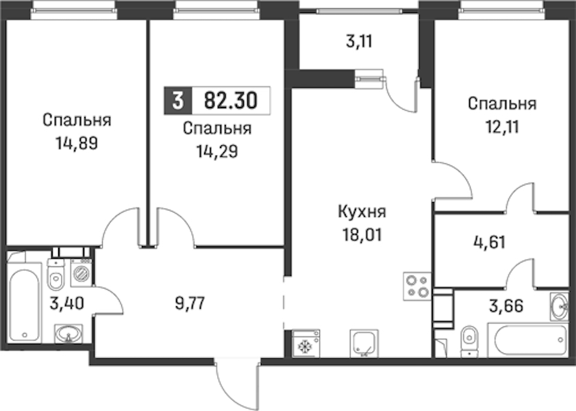 3-комнатная квартира 82.3 м², 5/12 эт., ЖК «Графика»
