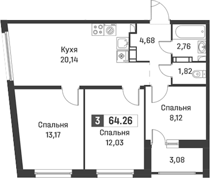 3-комнатная квартира 64.26 м², 5/12 эт., ЖК «Графика»