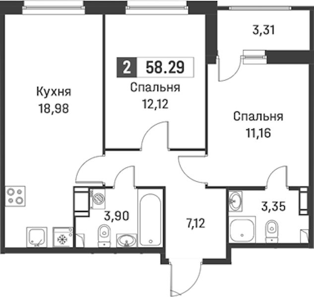 2-комнатная квартира 58.29 м², 6/12 эт., ЖК «Графика»