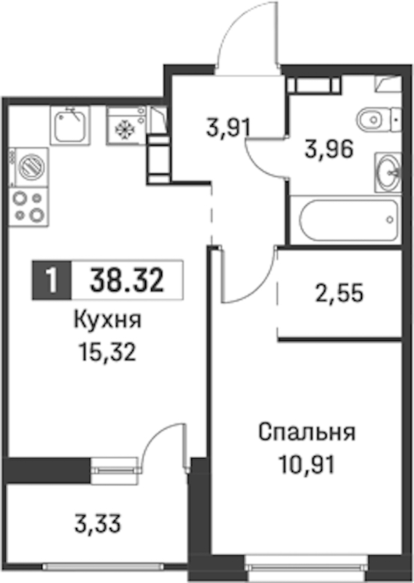 1-комнатная квартира 38.32 м², 7/12 эт., ЖК «Графика»