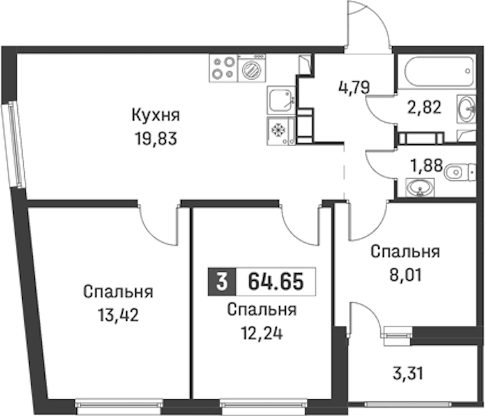 3-комнатная квартира 64.65 м², 7/12 эт., ЖК «Графика»