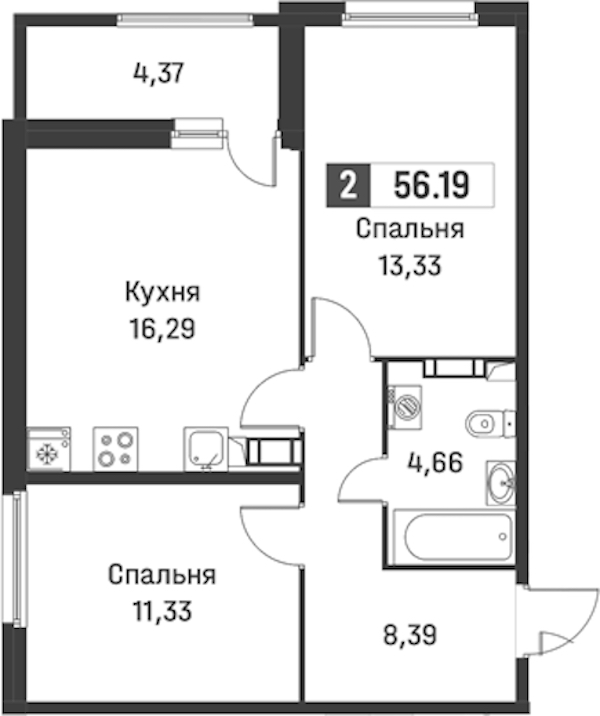 2-комнатная квартира 56.19 м², 7/12 эт., ЖК «Графика»