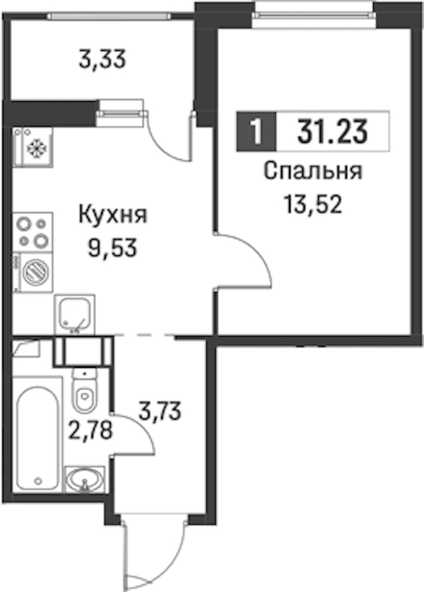 1-комнатная квартира 31.23 м², 7/12 эт., ЖК «Графика»