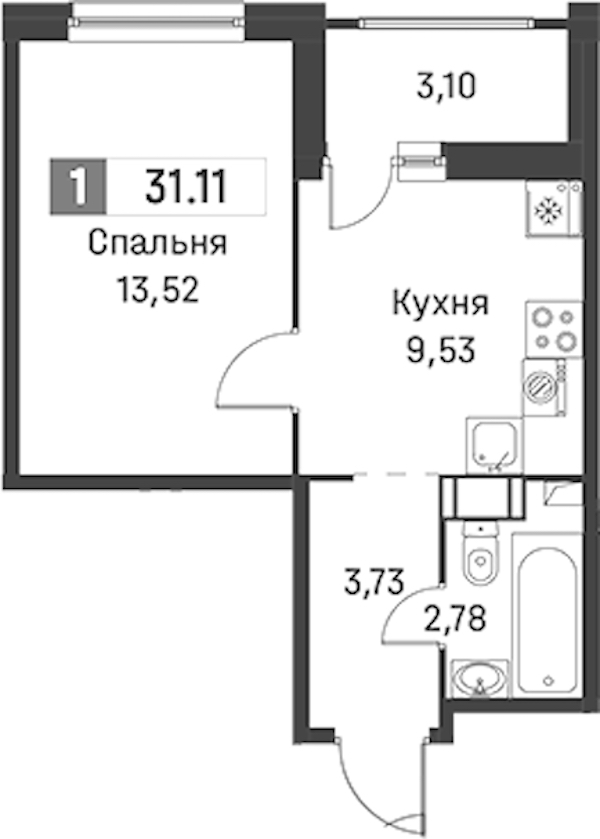 1-комнатная квартира 31.11 м², 8/12 эт., ЖК «Графика»