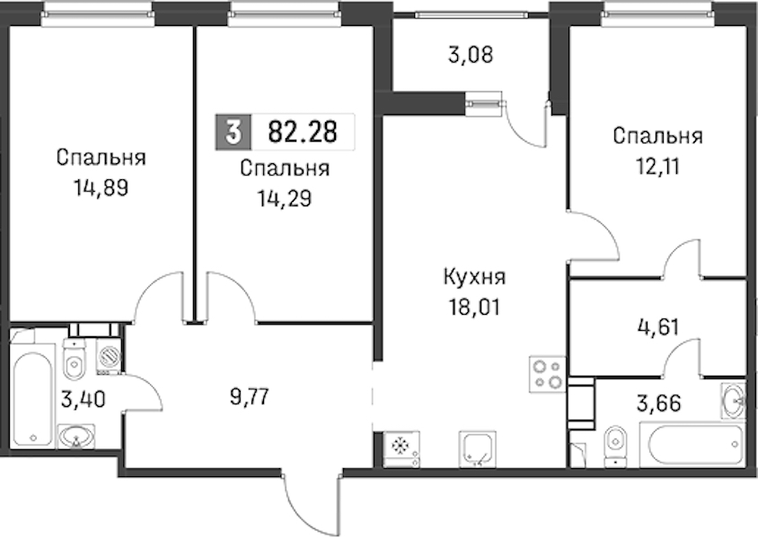 3-комнатная квартира 82.28 м², 8/12 эт., ЖК «Графика»